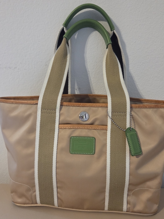 Coach Handbags - Vintage Coach Mini Hampton  Beige and Green Canvas Tote Bag Purse